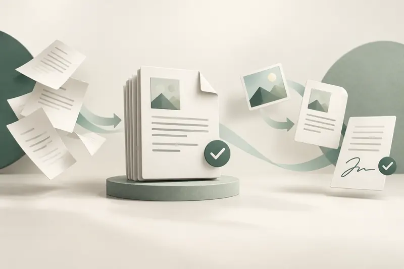 Loose pages merging into a PDF, an image becoming a document, and a signed page
